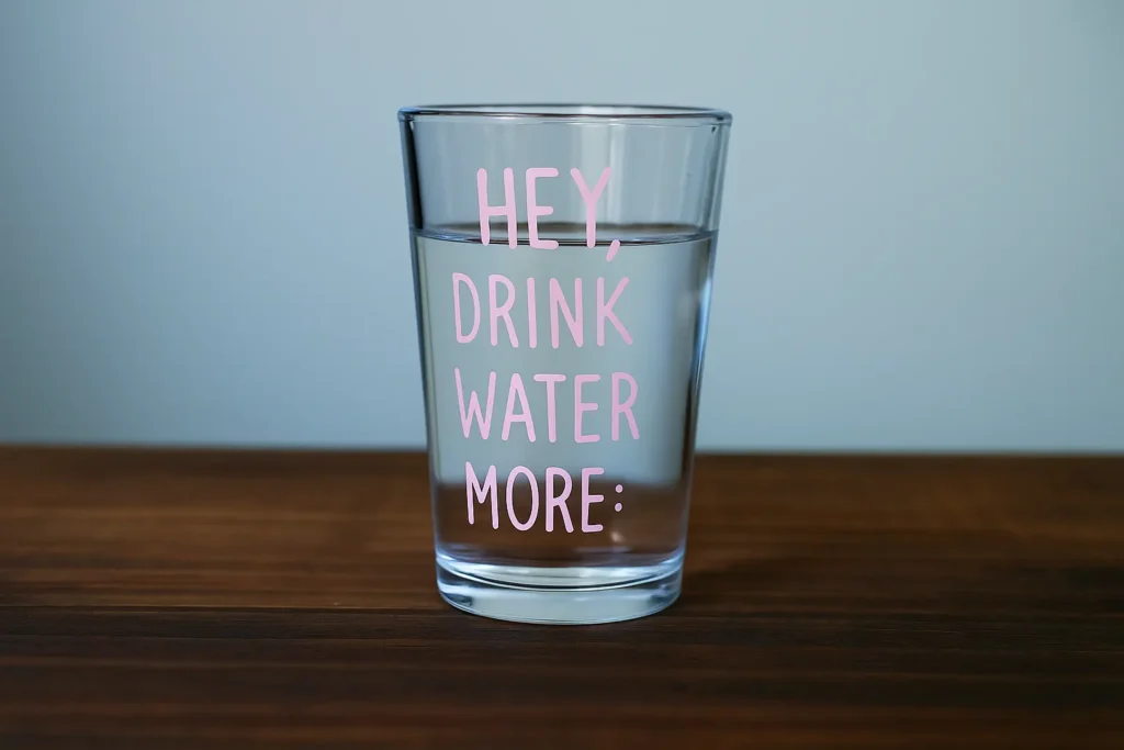 A clear glass of water on a wooden table with the words “Hey, Drink Water More” written on the glass