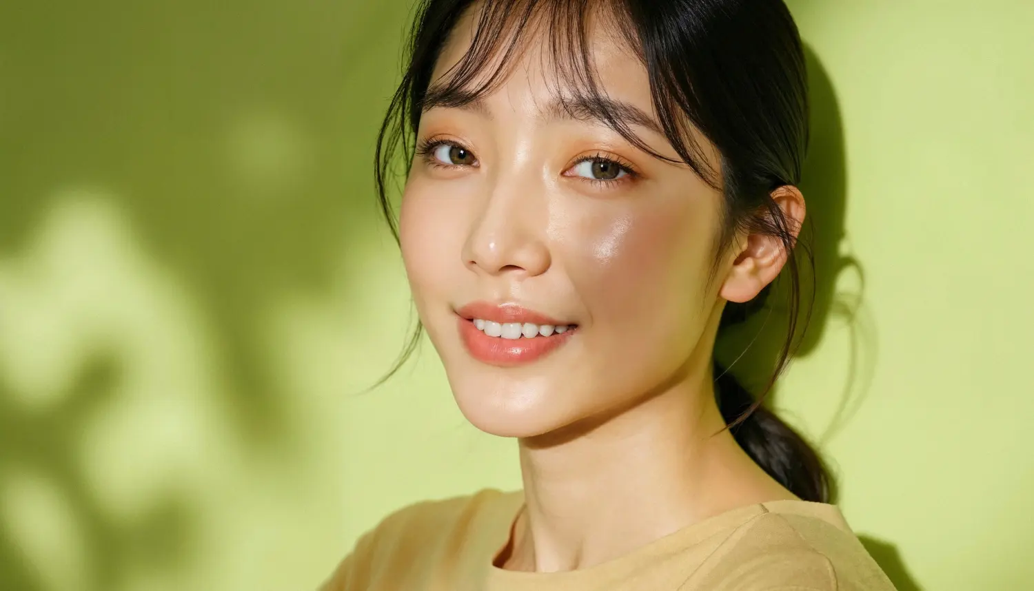 Woman with luminous, poreless skin demonstrating the effects of a Korean skincare glass skin routine