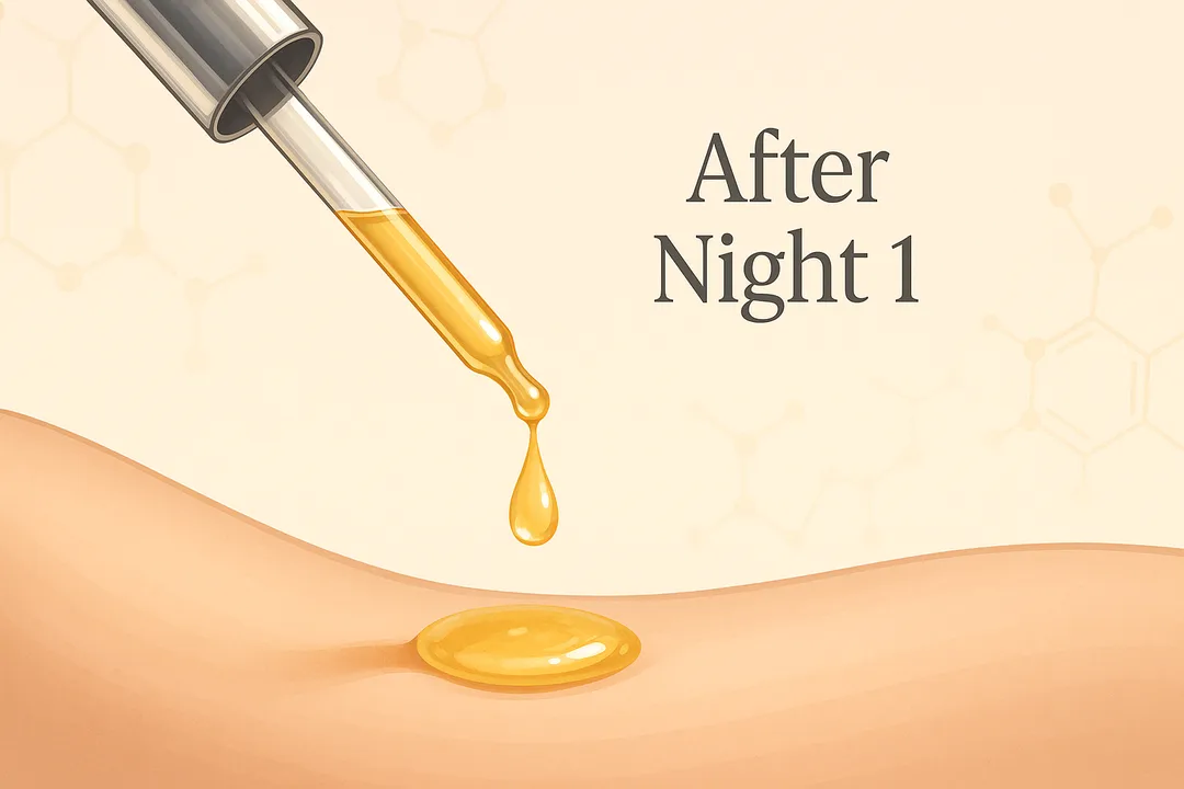 A glass dropper releasing a golden exfoliant serum onto smooth skin, with “After Night 1” in modern type against a soft pastel background patterned with faint molecular motifs.