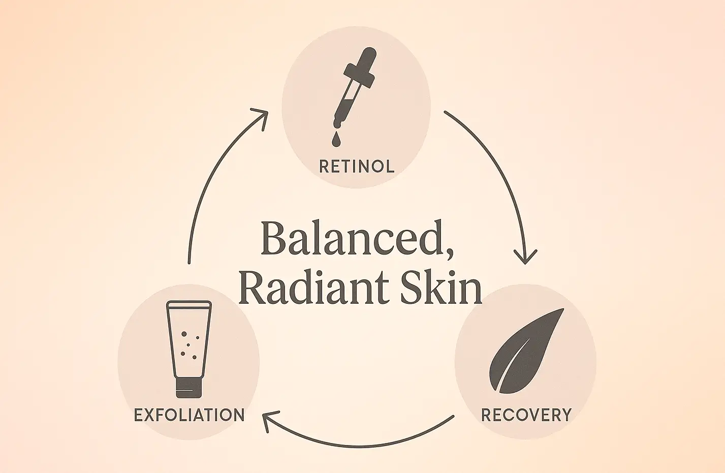 Circular arrow diagram connecting three icons—exfoliation (tube), retinol (dropper), recovery (leaf)—around the central text “Balanced, Radiant Skin.”