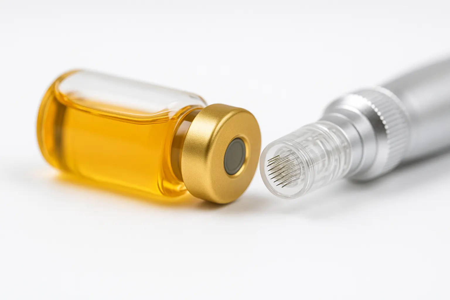 Vial of exosomes beside microneedling pen