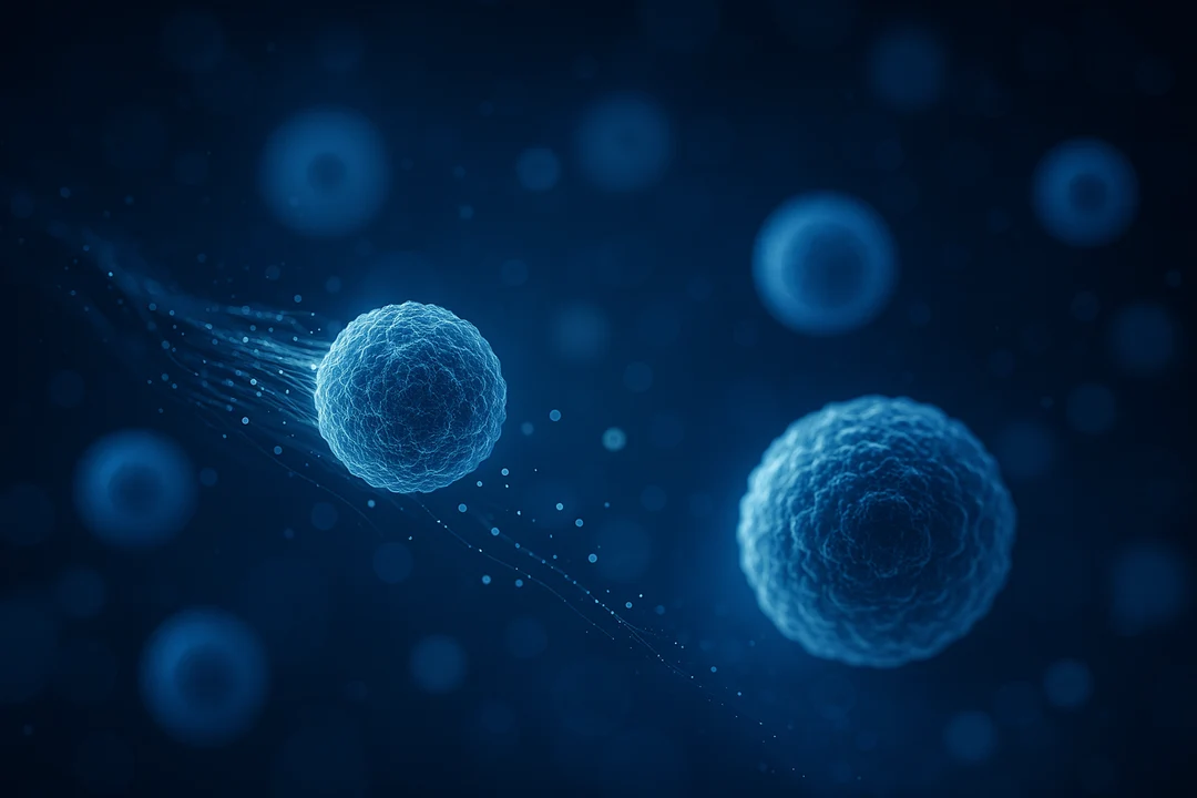 Multiple semi-translucent blue spheres floating against a deep blue background, with fine glowing trails emanating from one sphere.