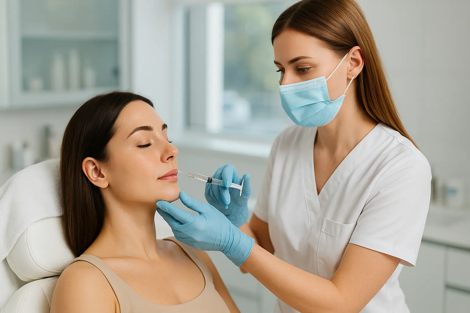 Nurse administering Sculptra injection in clinic