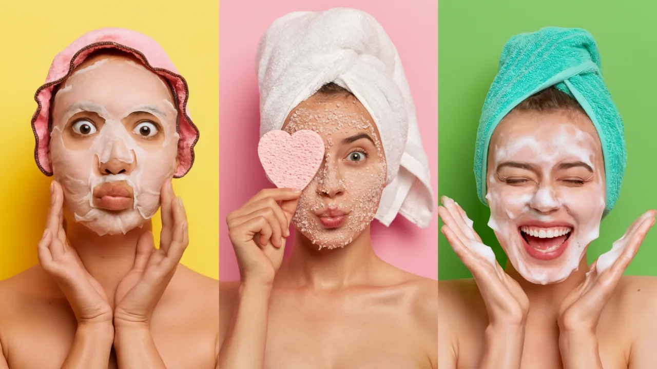 Fun, Colorful 3-Step At-Home Skincare Ritual Three women in colorful panels show playful at-home skincare steps—a sheet mask, exfoliating scrub with a heart-shaped sponge, and a foaming cleanser.