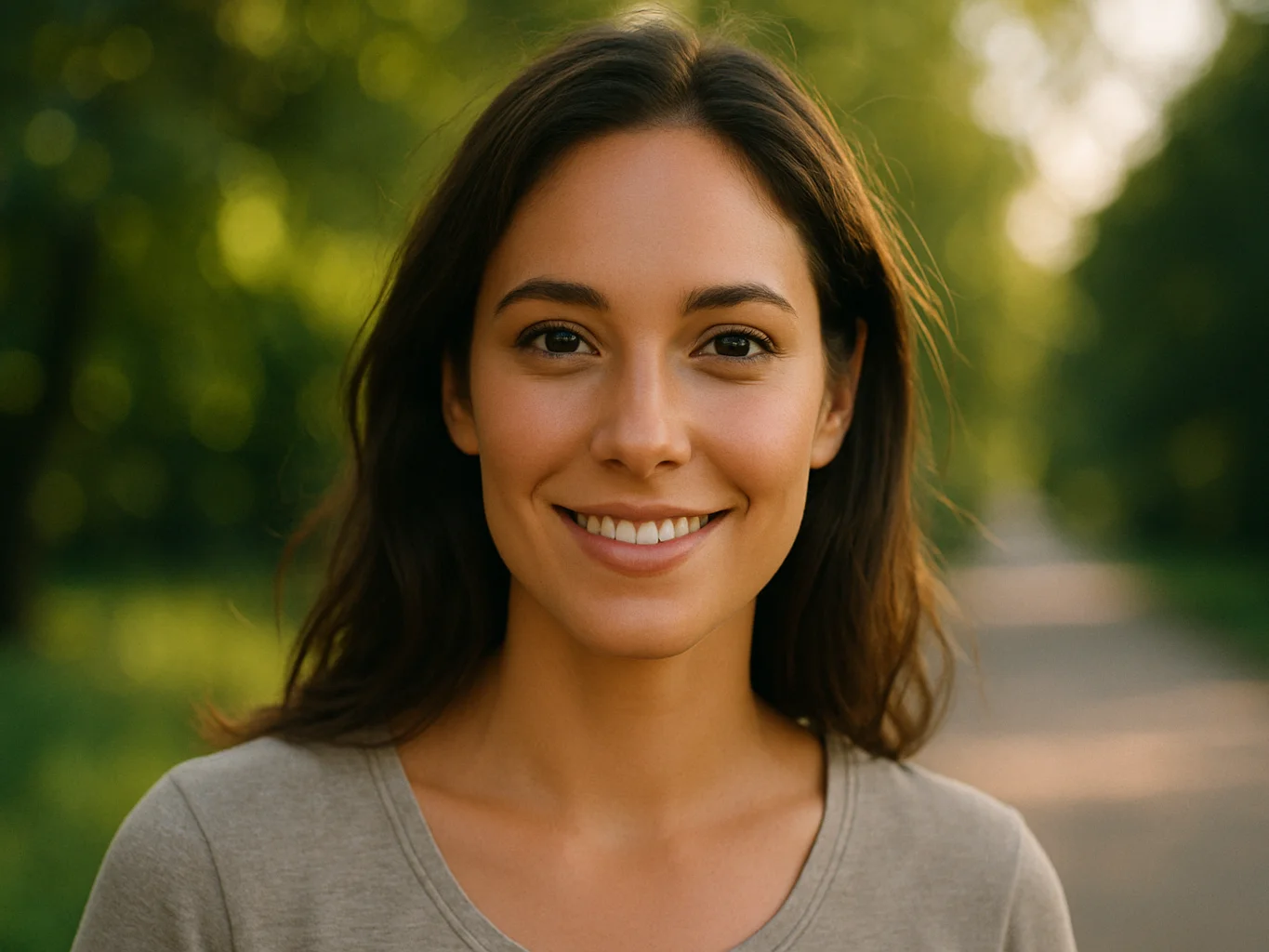 Woman with luminous, makeup-free skin smiling outdoors.