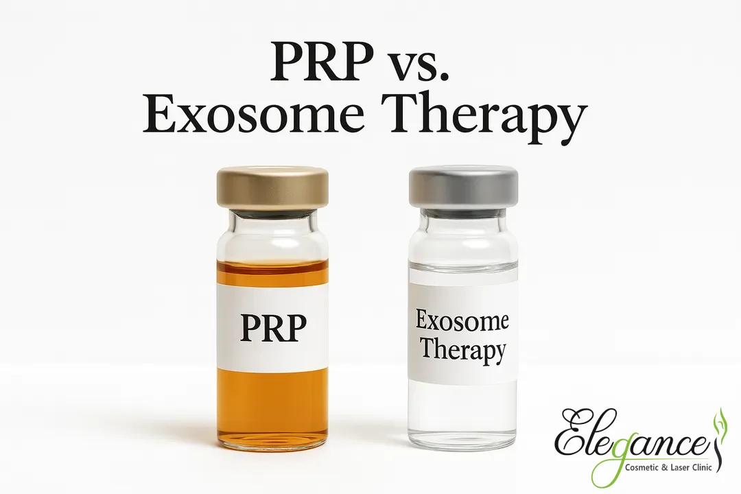 Two clear glass vials side by side on a white background, one filled with amber-yellow PRP and the other with colorless Exosome Therapy