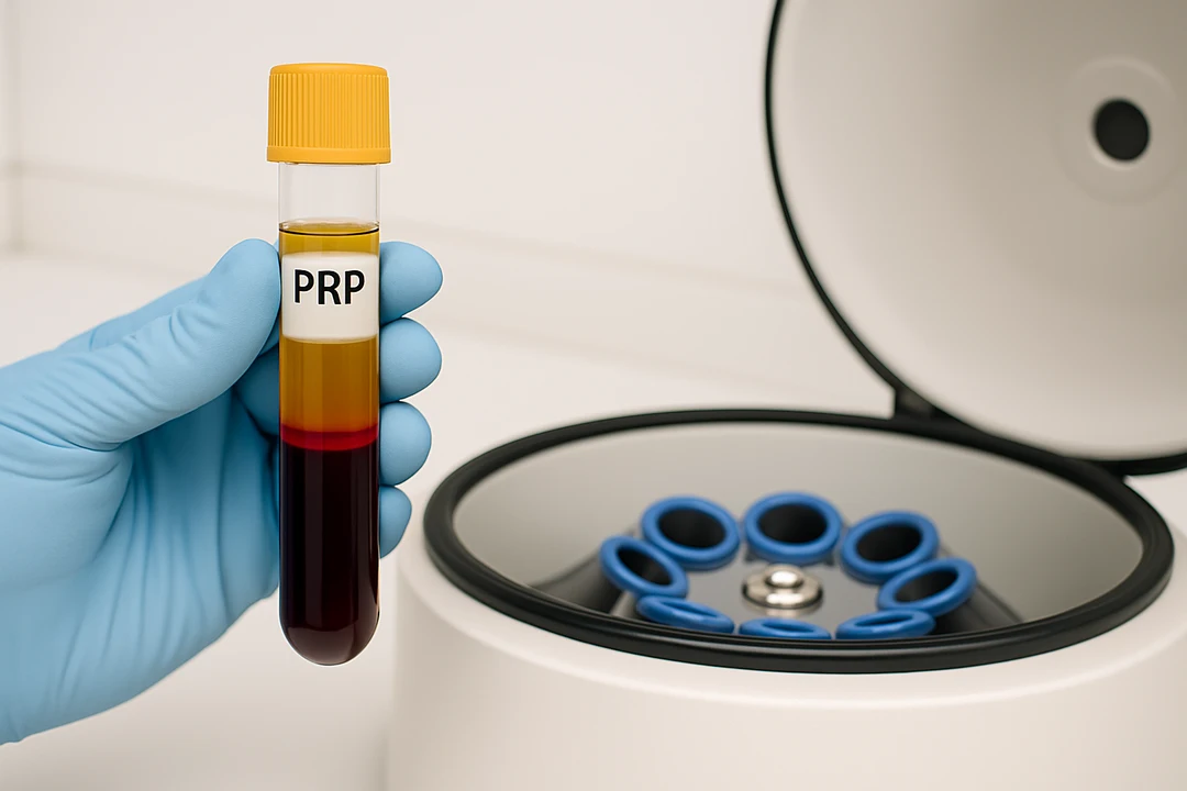 A gloved hand holds a centrifuge tube labeled “PRP” in front of an open centrifuge, showing separated amber plasma and dark red blood cells.
