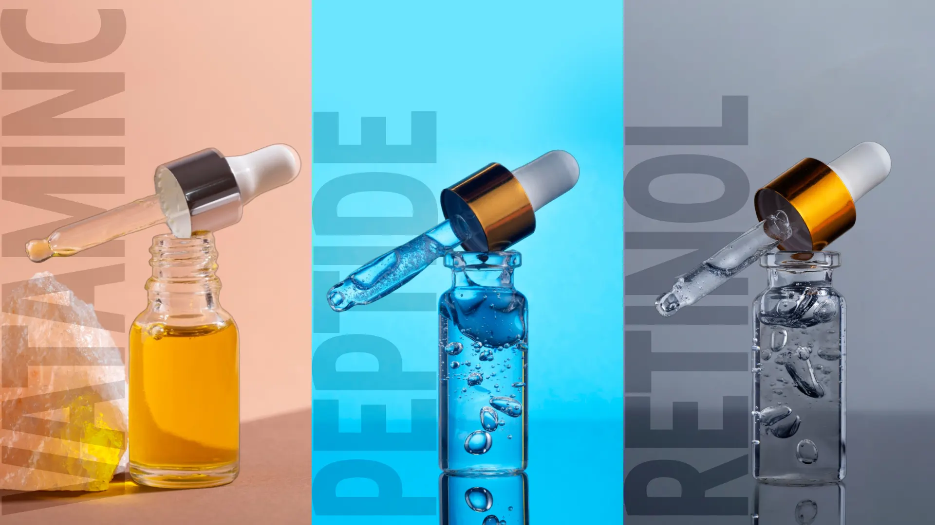 Vitamin C, Peptide & Retinol Serums — Stylized Triptych Triptych of skincare dropper bottles: vitamin C serum (amber) on peach background, peptide serum (blue) on cyan background, and retinol serum (clear) on grey background, each with bold vertical text behind.