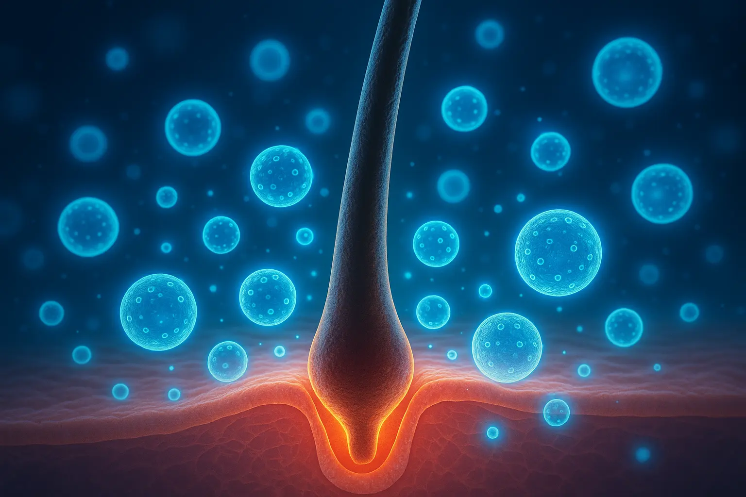 Microscopic visualization of glowing blue exosomes surrounding a hair follicle root