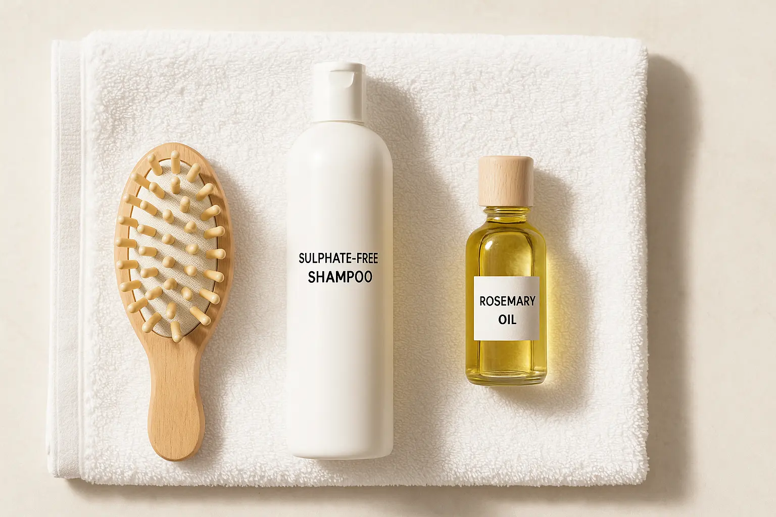 Flat-lay of a wooden scalp massager, sulphate-free shampoo, and rosemary oil on a white towel in soft natural light
