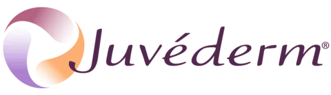 Juvéderm logo featuring a purple-orange gradient swirl emblem and elegant purple script text