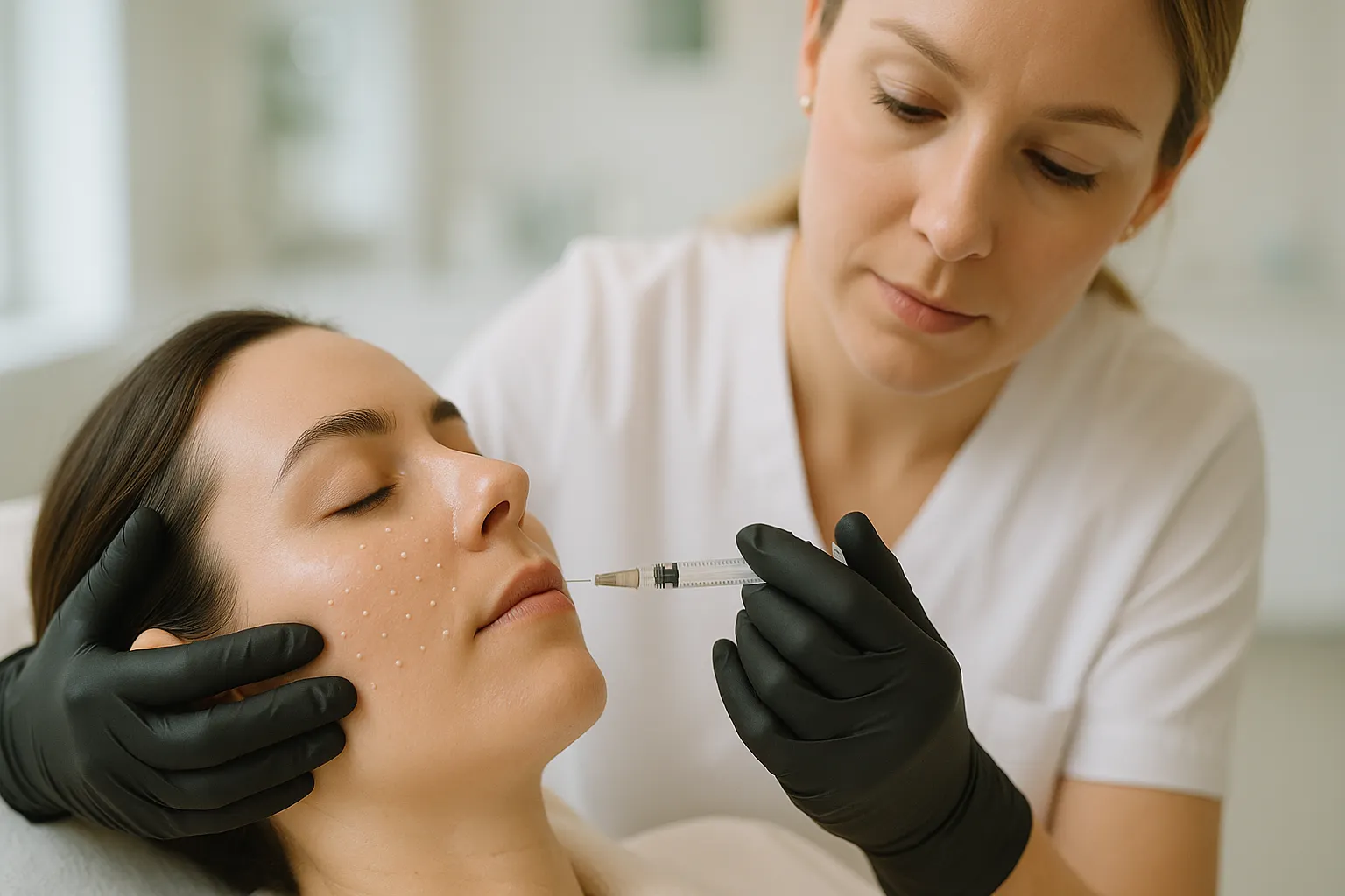 Precision Microdroplet Technique Microdroplet injections along the cheek and under-eye in clinic