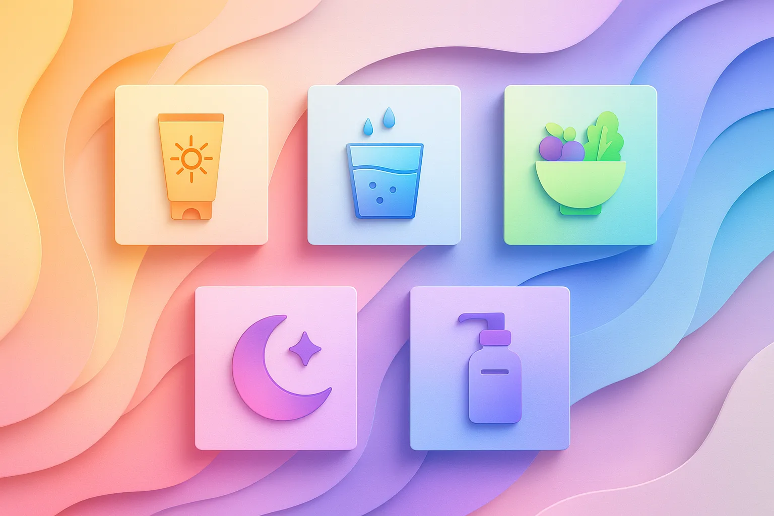 Infographic icons for SPF, hydration, nutrition, sleep and gentle care