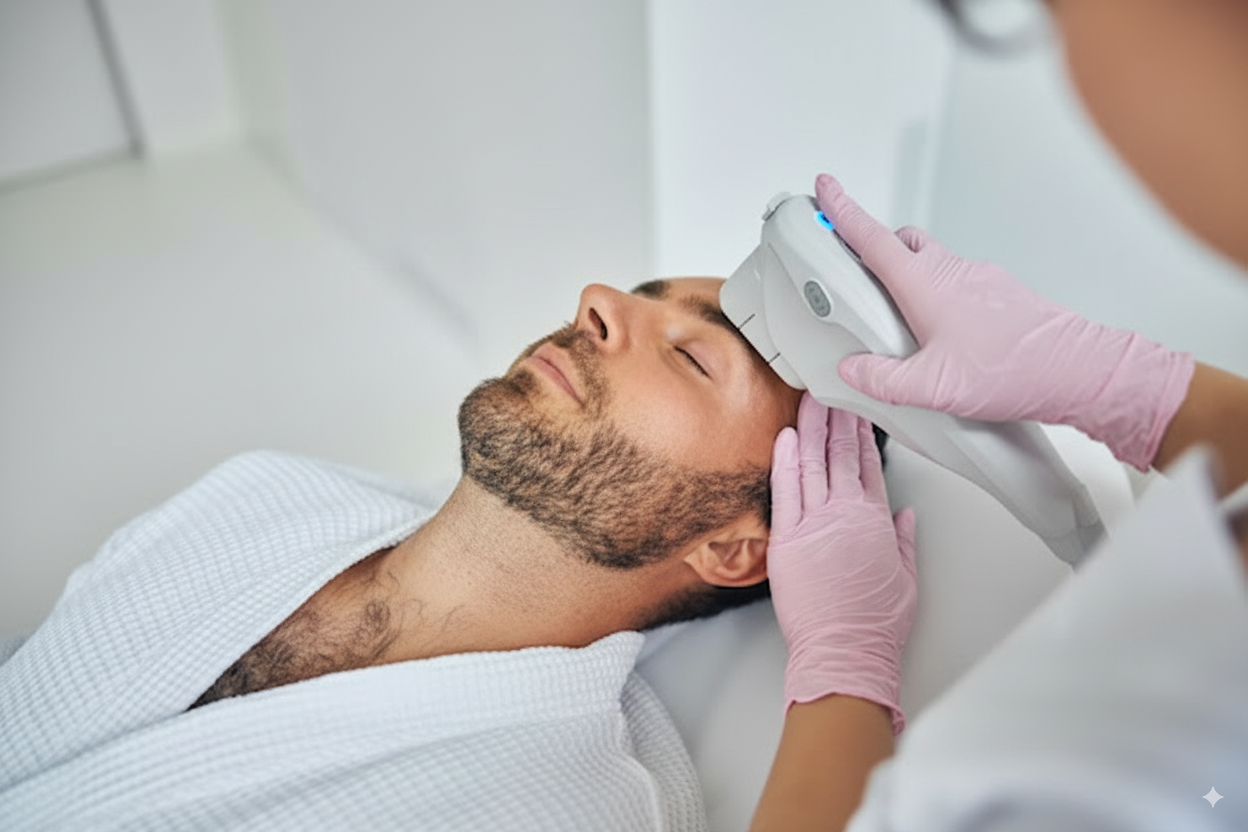 A man receiving a HIFU non-surgical facelift treatment at a cosmetic clinic