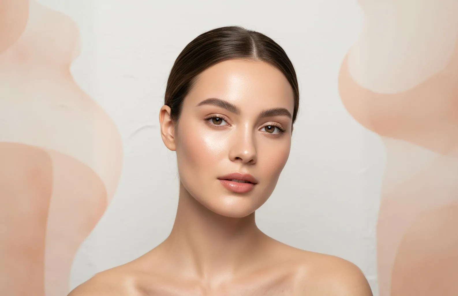 Close-up of a young woman with glowing, flawless skin, soft makeup, and neatly tied-back hair, posing against a neutral background.