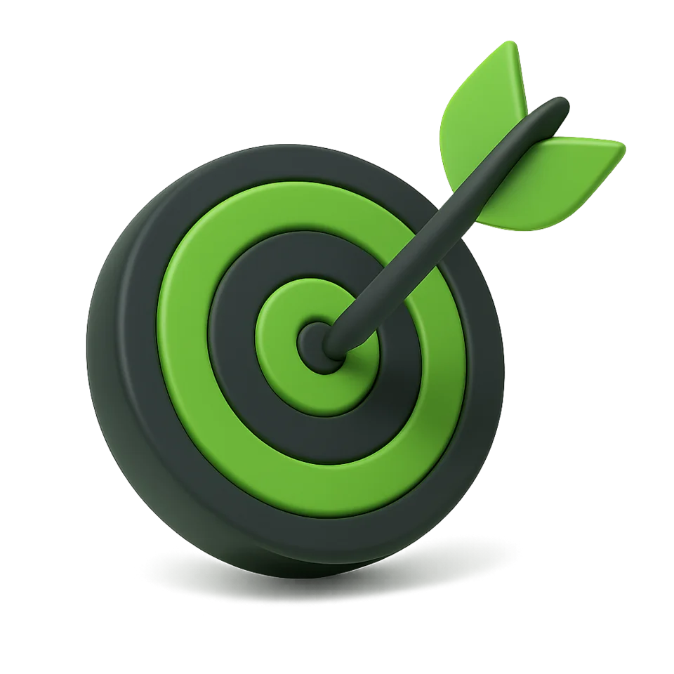 3D green and black target with an arrow in the bullseye, symbolizing Elegance Cosmetic Academy’s goal to educate and empower future aesthetic professionals with hands-on training, advanced knowledge, and industry certifications.