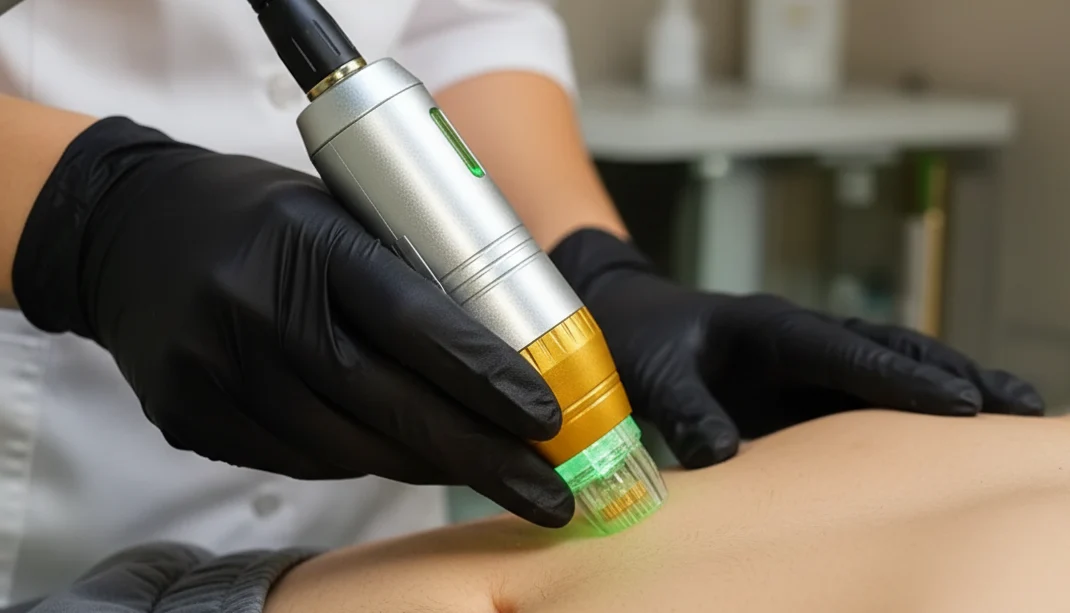 Gloved clinician holding a gold-and-silver radiofrequency microneedling handpiece with a glowing green tip against a patient’s forehead during an RF fractional skin-rejuvenation session.