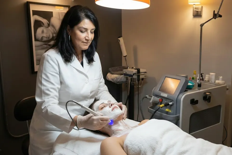 Professional aesthetician performing a relaxing facial treatment